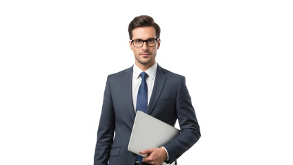 Professional businessman in dark blue suit and glasses holding a silver laptop isolated PNG with Transparent Background