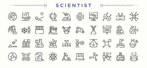 Scientist linear icon set. Biology vector line icon set. Contains such icons as analysis, biology, formula, chemistry lab, experiment and more.