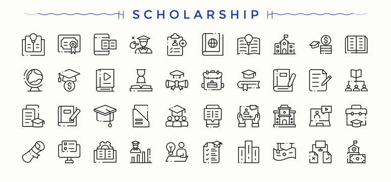 Scholarship icon set. University icon set. Pictograms of diploma, graduate, study, graduation, learn, university and more. Pixel perfect. Editable vector.