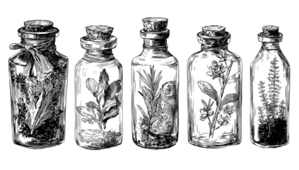 Line art illustration Five apothecary jars, various plants inside, cork closures, dark background