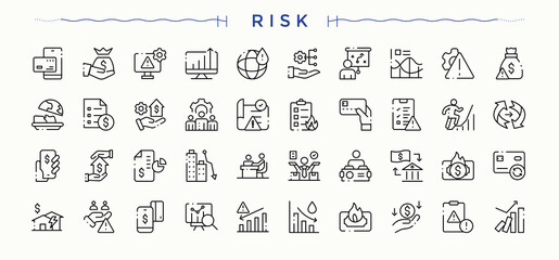 Risk icon set. Thin web icons. Related to plan, crisis, safety, protection. Editable stroke collections. Crisis icon set.