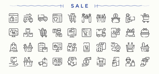 Sale icon set. Included promotion, service, commerce, online sales, e-commerce, marketing and more. Market line icon set. Simple line vector icons. Editable stroke. Vector collection.