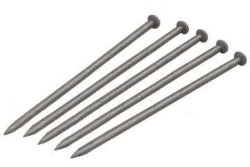 Five construction nails with sharp points and flat heads