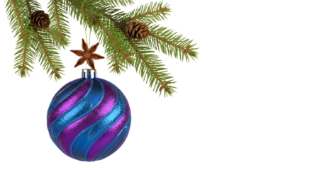 Christmas Fir Tree Branch with Pine Cones, Blue and Purple Striped Ornament, and Star Anise isolated PNG with Transparent Background