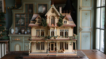 Intricate Victorian style dollhouse on wooden table indoors