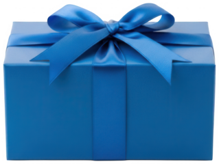 Blue gift box with elegant silk ribbon bow front view isolated on transparent background