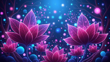 Vibrant pink lotus flowers in a magical night sky