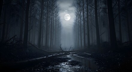 Fototapeta premium Dark misty forest at night with moonlight reflecting on wet path, mysterious woodland landscape, eerie atmosphere, fantasy mood and cinematic nature background 