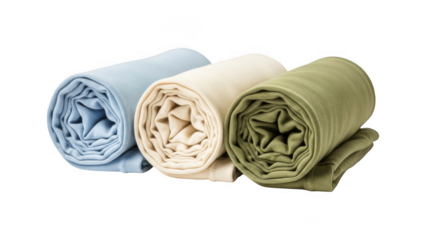 Three rolled up towels in blue, beige, and green colors isolated on transparent background