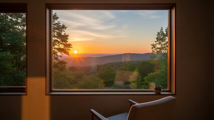 Fototapeta premium Peaceful sunrise view through a window overlooking green forested hills, soft morning light creating a calm and relaxing atmosphere.