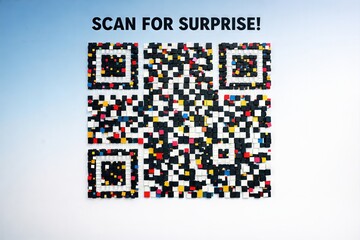 Colorful QR code mosaic employing abstract geometric arrangements conveying the intersection of technology and creativity to engage viewers in a playful digital exploration