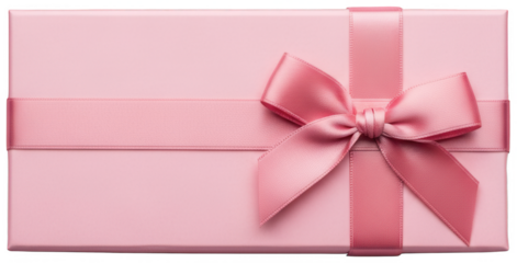 Pink rectangular gift box with satin ribbon bow isolated on transparent background top view