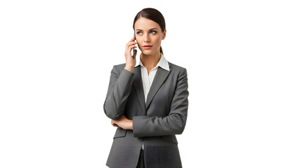 Thoughtful Businesswoman Talking on Mobile Phone with Serious Expression isolated PNG with Transparent Background