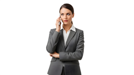 Thoughtful Businesswoman Talking on Mobile Phone with Serious Expression isolated PNG with Transparent Background