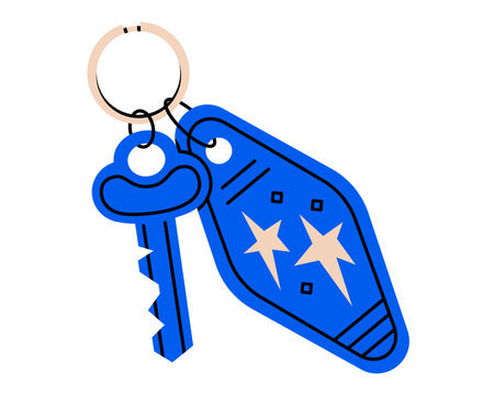 Illustration of hotel keychain. Vector real estate. Protection or access. Travel apartment. Housing for rent. Vintage motel key tag. Isolated.