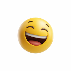 Fototapeta premium 3D laughing emoji face with closed eyes and open mouth, cute yellow emoticon isolated on transparent background.