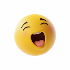 Fototapeta premium 3D laughing emoji face with closed eyes and open mouth, cute yellow emoticon isolated on transparent background.