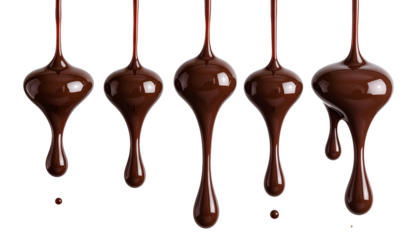 Five streams of rich, flowing brown liquid against a solid black background