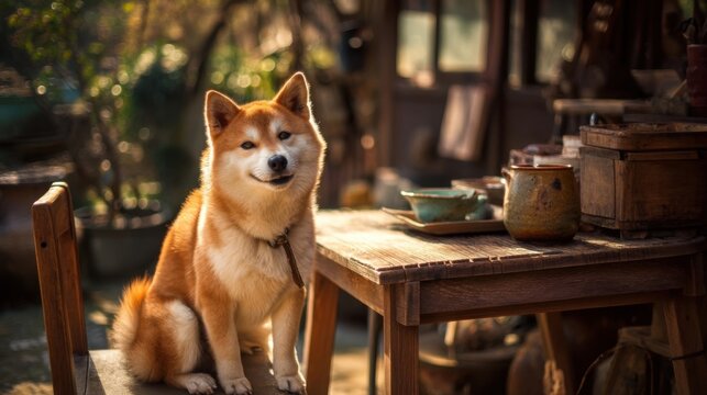 A Shiba Inu dog sits comfortably at an outdoor wooden table in a sunny garden setting with a teapot and cups arranged fo