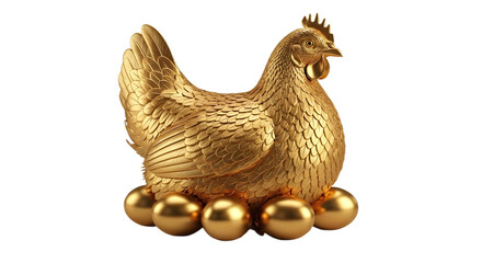 Luxury Golden Hen Sitting on a Pile of Golden Eggs 3D Render isolated PNG with Transparent Background