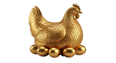 Luxury Golden Hen Sitting on a Pile of Golden Eggs 3D Render isolated PNG with Transparent Background