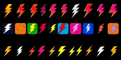 Collection of stylized lightning bolt icons, various designs and angles, suitable for digital use,  weather,  collection