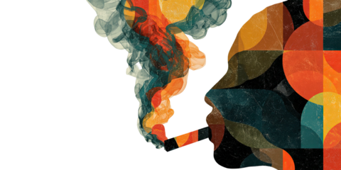 Abstract composition with stylized figure exhaling smoke, paired with geometric shapes, set against black