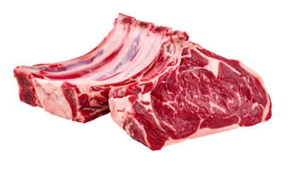 Raw, bone-in cut of meat, ribs visible, deep red and marbled, isolated on black