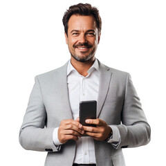 Smiling confident businessman using smartphone for communication isolated on transparent background png