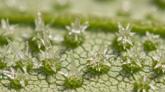 Stunning microscopic detail of a plant leaf with sparkling crystalline outgrowths and cellular