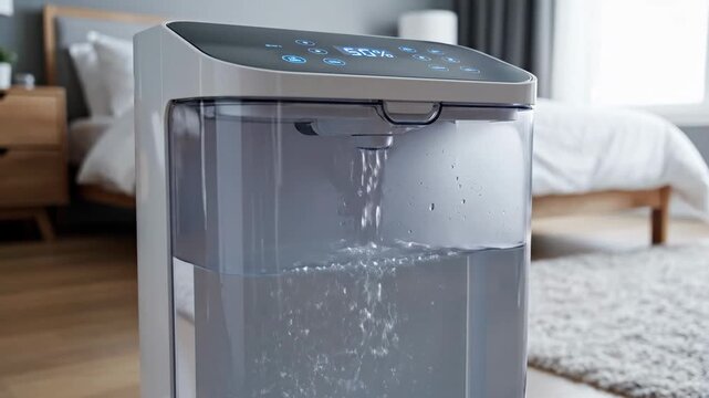 Dehumidifier &mdash; Dehumidifier operating in bedroom, water tank filling, humidity control theme.