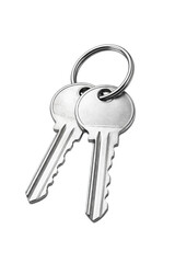 pair of silver metal house keys attached to a round keyring, isolated on a white background. Clean minimal composition suitable for security, property, access, and ownership concepts.