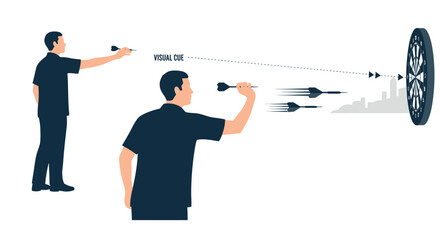 Flat vector illustration of dart players aiming and throwing, depicting dart movement and visual cues for precision, target hitting, and focus in the competitive sport of darts