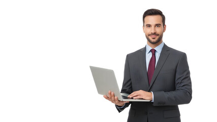 Smiling Businessman in Suit Holding a Silver Laptop and Looking at Camera isolated PNG with Transparent Background