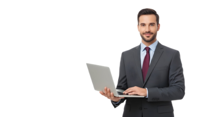 Smiling Businessman in Suit Holding a Silver Laptop and Looking at Camera isolated PNG with Transparent Background