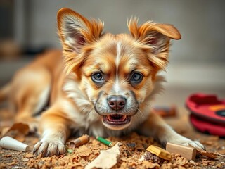 A mischievous canine with a guilty expression after a playful mess,  mess,  innocent