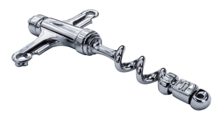 Metal corkscrew gleaming against clean backdrop with polished steel spiral bar tool isolated on white background