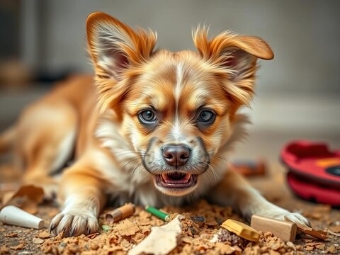 A mischievous canine with a guilty expression after a playful mess,  mess,  innocent