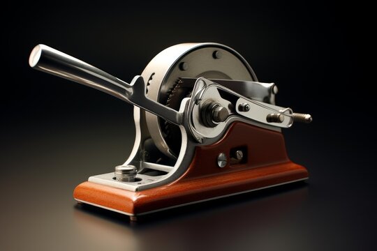 Mechanical adding machine with lever and gears calculating on a dark background