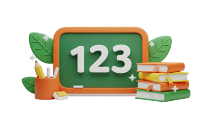 3D Render of Classroom Elements: Numbers, Books, and Supplies