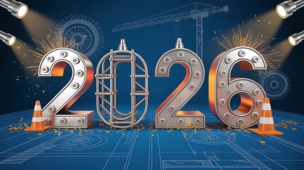 Futuristic 2026 metallic numbers with construction elements and spotlights