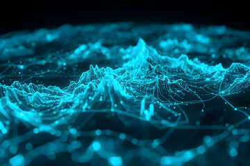 A futuristic digital landscape with glowing blue lines and dots on a black background, representing a technological advancement in data visualization and virtual reality.