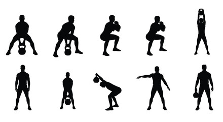 Fototapeta premium Kettlebell Workout Silhouettes Collection: Dynamic Strength Training Exercises for Fitness and Gym Design