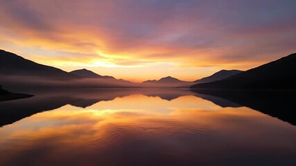 Serene mountain lake at sunset with misty hills and vibrant sky reflection