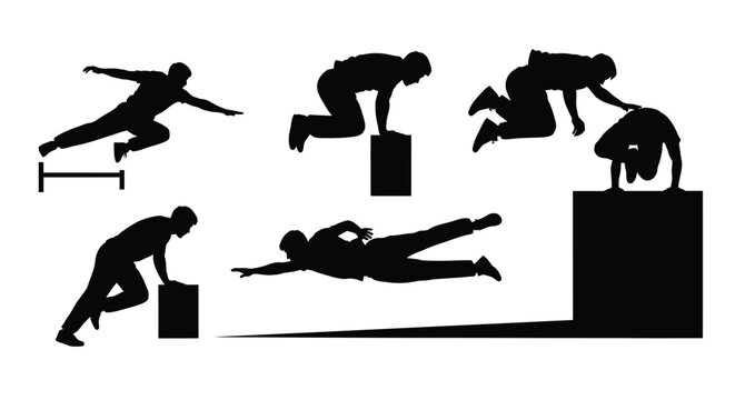 Dynamic Parkour & Freerunning Silhouettes Set: Urban Acrobatics, Obstacle Course Training, Jumping, Climbing, and Vaulting Movements Vector Illustration