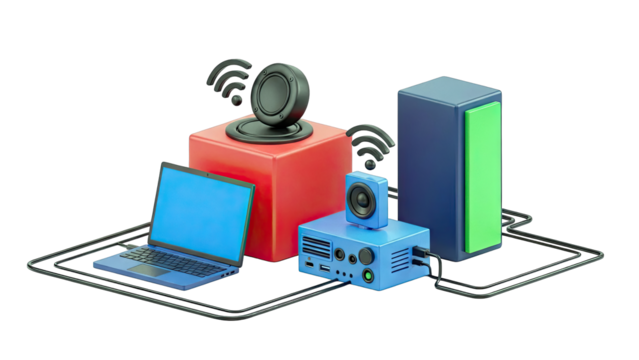 3D Render of Networked Devices and Speakers - Powered by Adobe