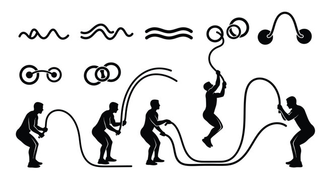 Dynamic Battle Rope Workout Silhouettes and Wavy Line Icons Set for Fitness Training, Strength Exercise, and HIIT Sessions - Vector Illustration on White Background