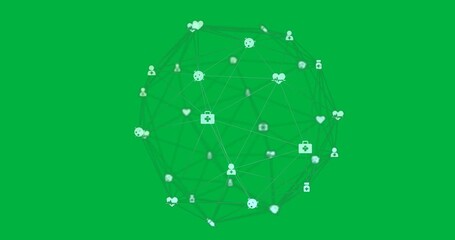 Animation of digital interface and globe of network connections with icons on black background - Powered by Adobe