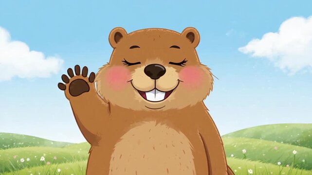 Smiling cartoon groundhog waving in a sunny meadow with hills and flowers