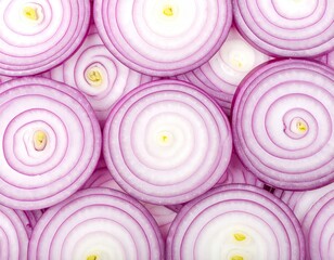 Overhead close-up of sliced red onions, showing concentric circles